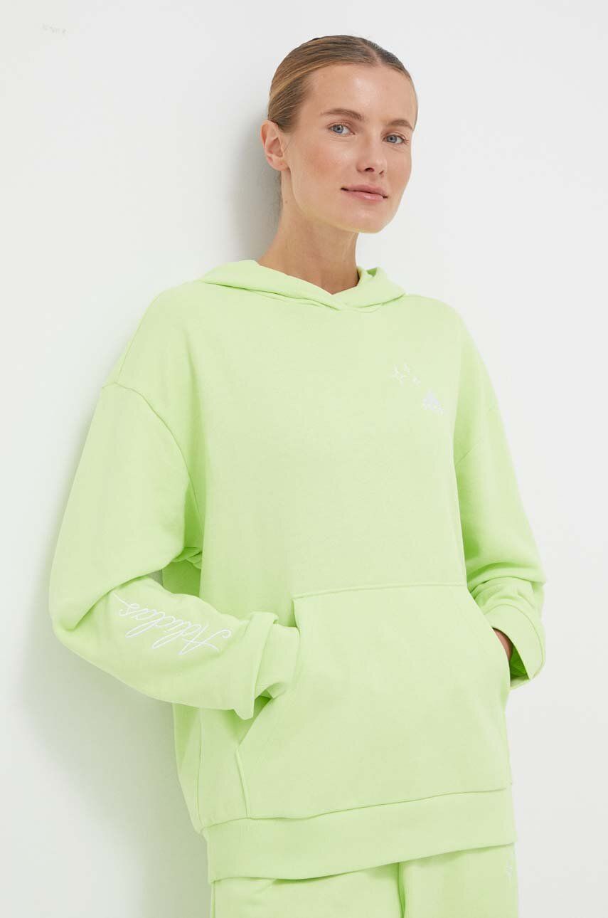 Adidas Hanorac De Bumbac Femei, Culoarea Verde, Cu Gluga, Cu Imprimeu