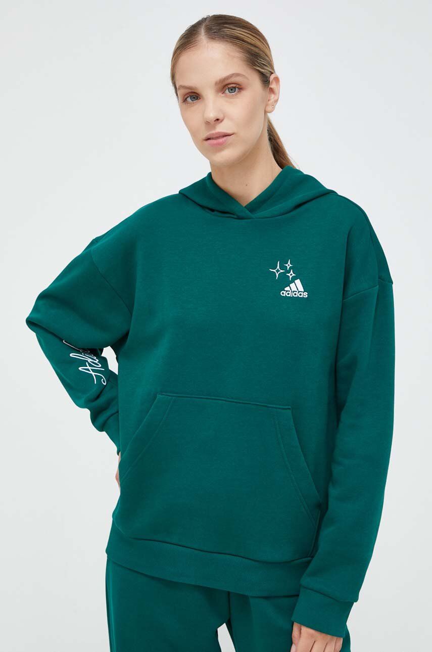 Levně Mikina adidas dámská, zelená barva, s kapucí, s aplikací