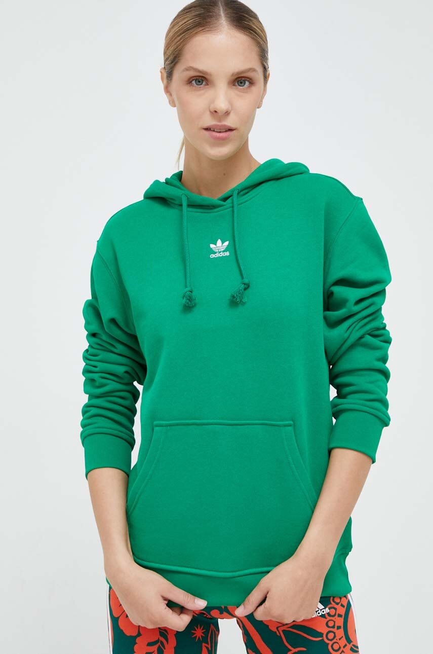 Adidas Originals Hanorac De Bumbac Femei, Culoarea Verde, Cu Gluga, Neted