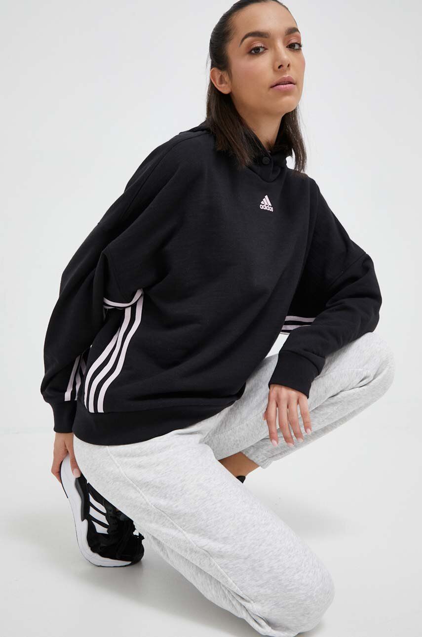 Adidas Bluza Femei, Culoarea Negru, Cu Glugă, Cu Imprimeu