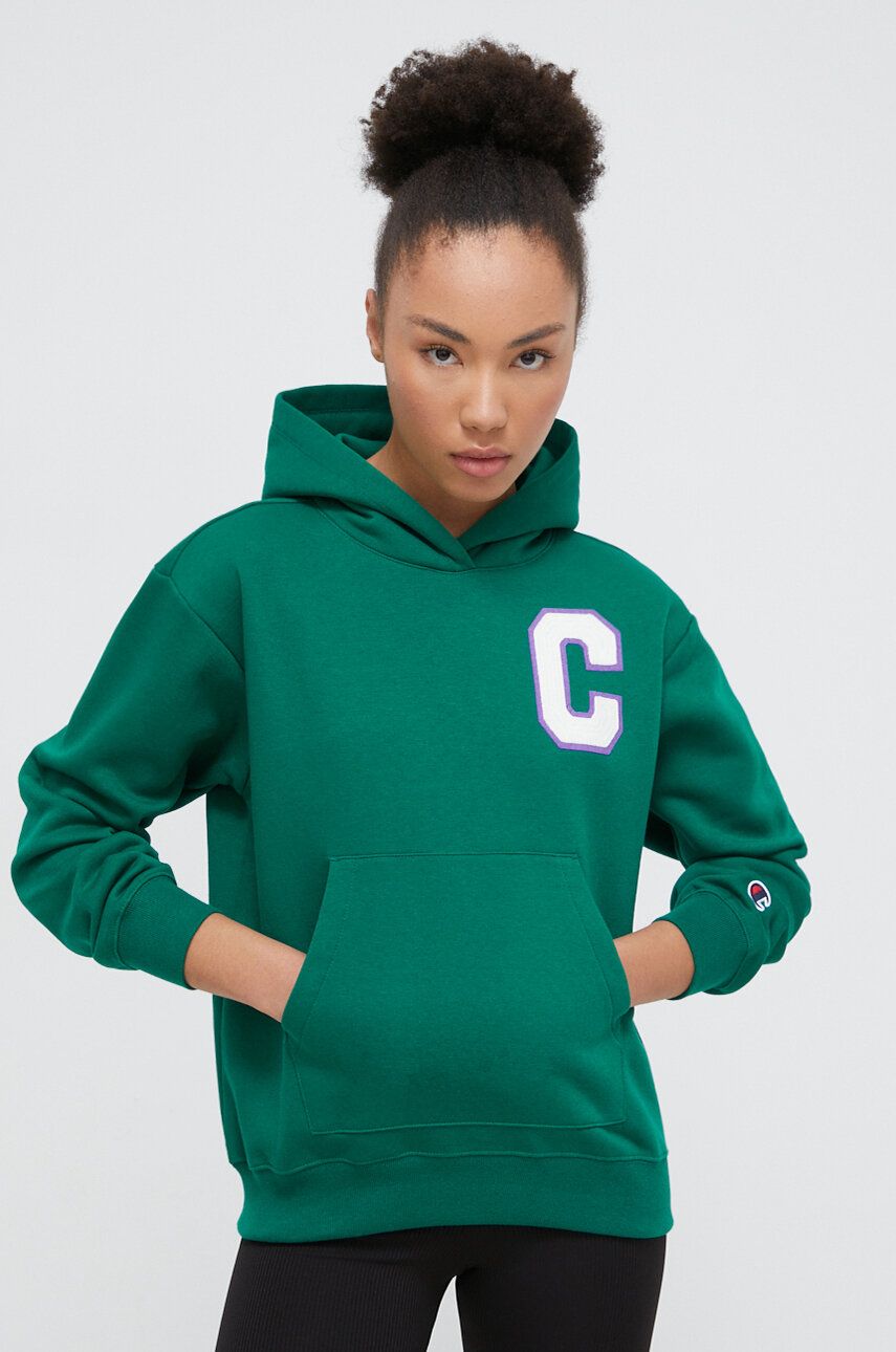 Levně Mikina Champion dámská, zelená barva, s kapucí, s aplikací