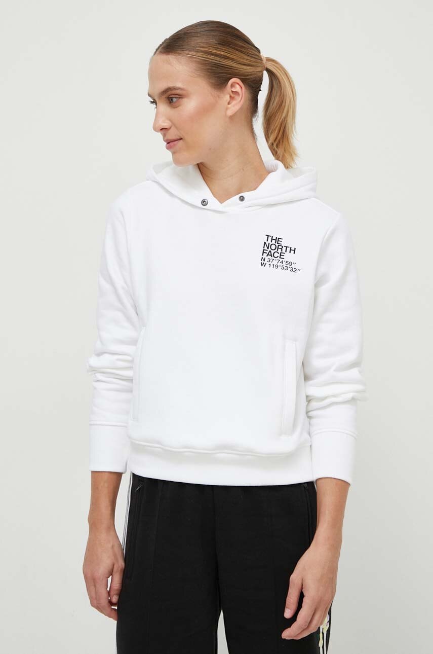 E-shop Bavlněná mikina The North Face dámská, bílá barva, s kapucí, s potiskem