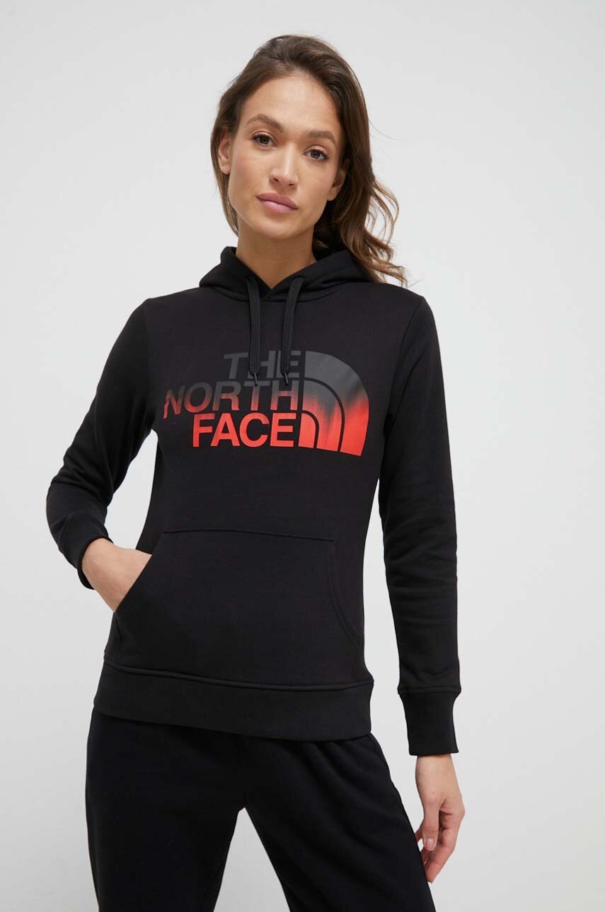 

Хлопковая кофта The North Face женская цвет чёрный с капюшоном с принтом