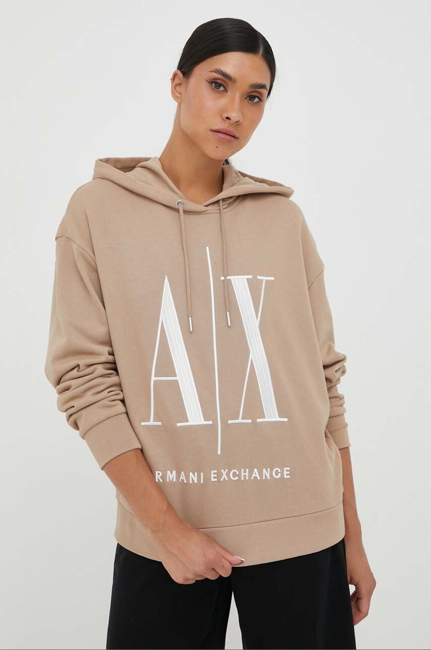 Armani Exchange Hanorac De Bumbac Femei, Culoarea Bej, Cu Gluga, Cu Imprimeu