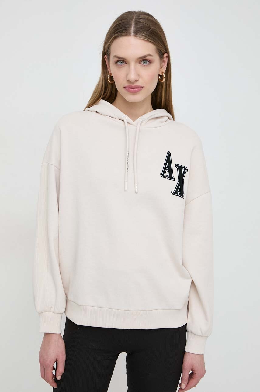 Levně Mikina Armani Exchange dámská, béžová barva, s kapucí, s aplikací