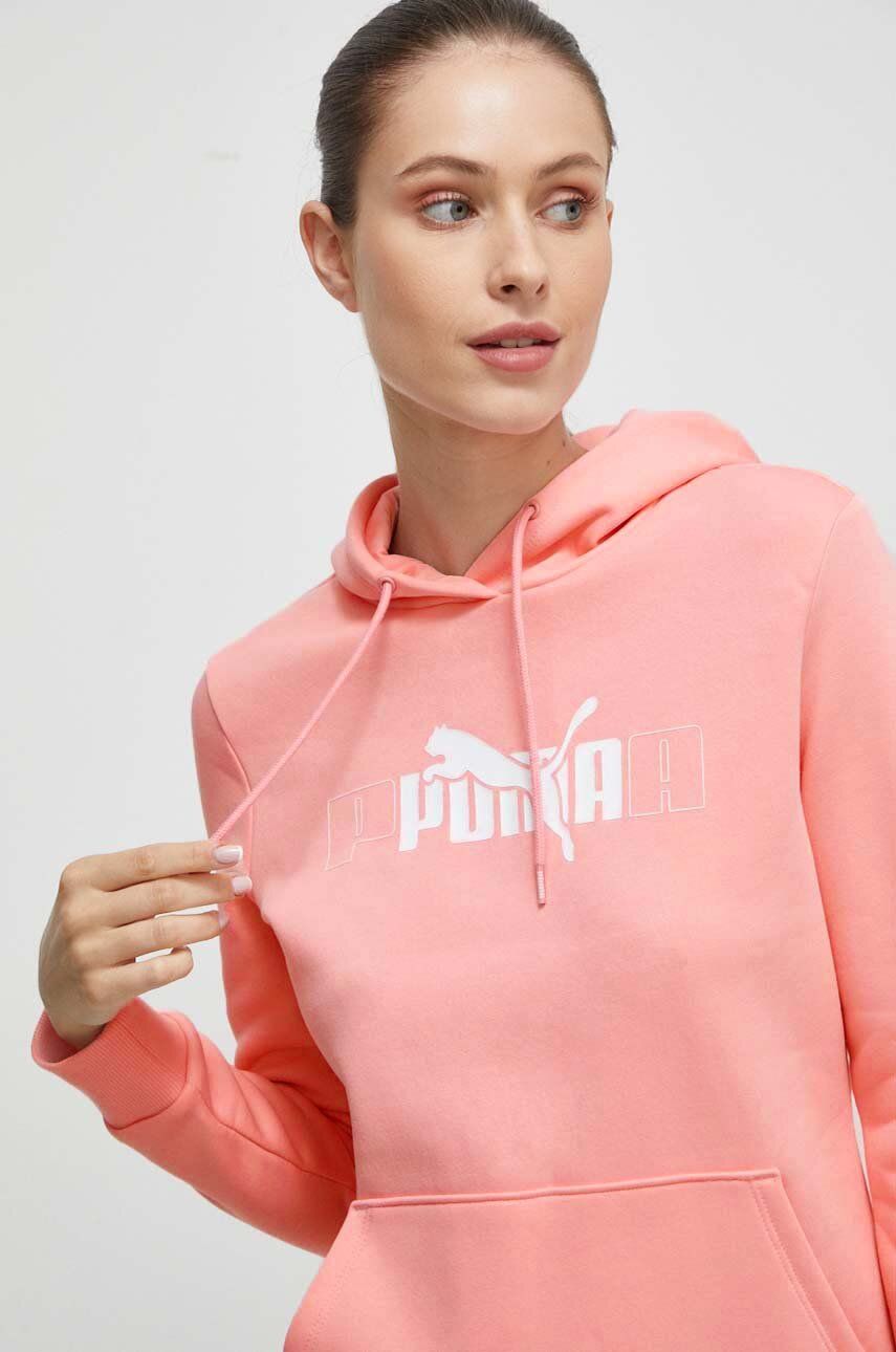 Mikina Puma dámská, růžová barva, s kapucí, s potiskem