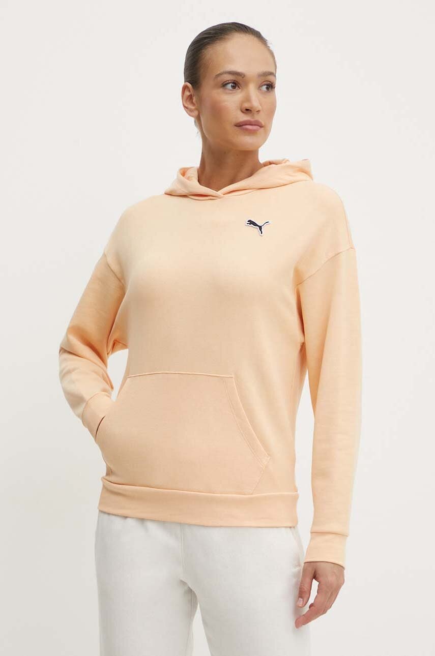 Puma hanorac de bumbac BETTER ESSENTIALS femei, culoarea portocaliu, cu glugă, uni 675988 Puma hanorac de bumbac BETTER ESSENTIALS femei, culoarea portocaliu, cu glugă, uni 675988