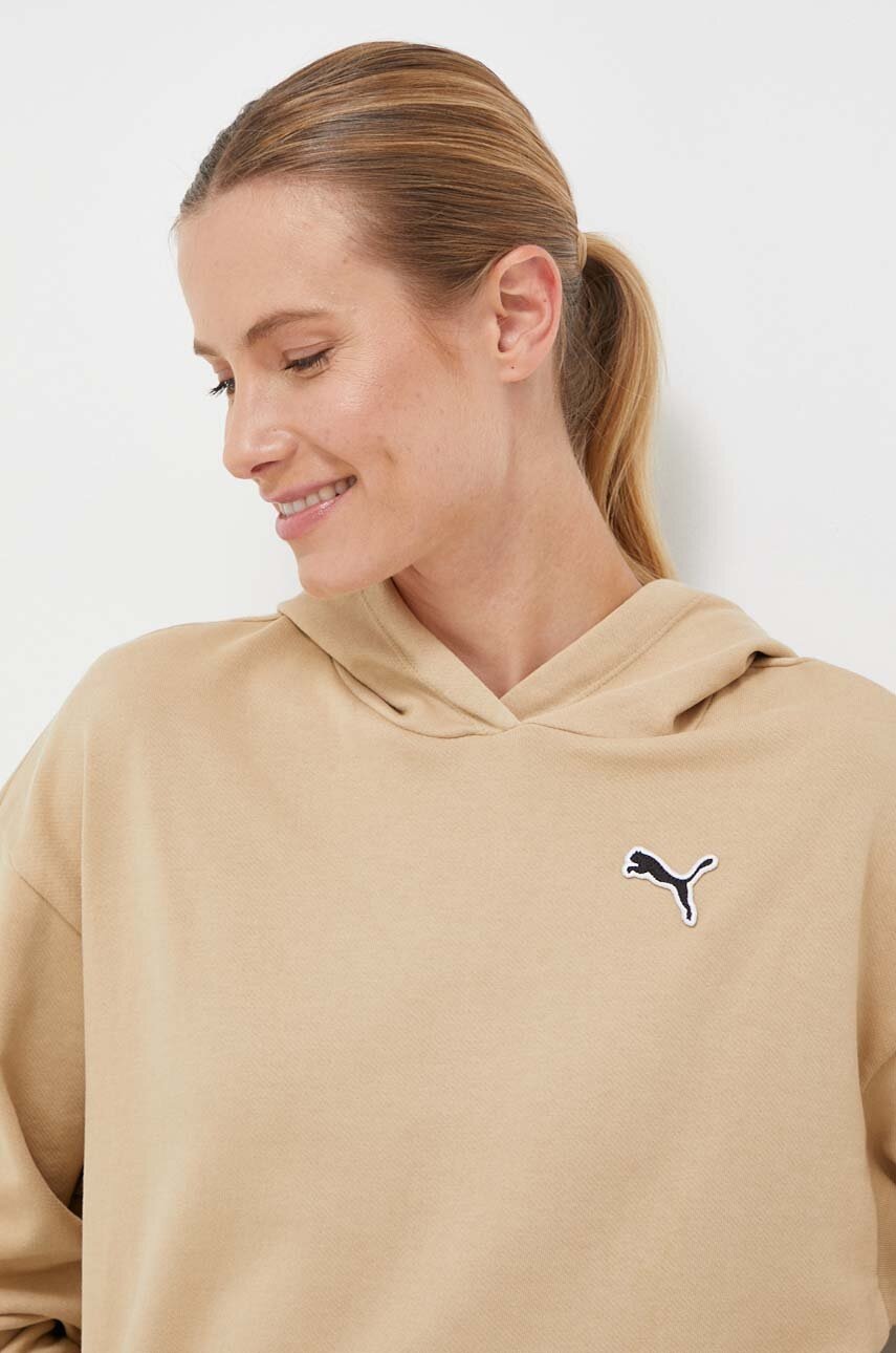 Βαμβακερή φούτερ Puma BETTER ESSENTIALS γυναικεία χρώμα μπεζ με κουκούλα μονόχρωμη 675988 φωτογραφία