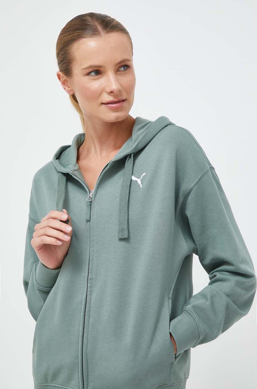 

Хлопковая кофта Puma женская цвет зелёный с капюшоном однотонная