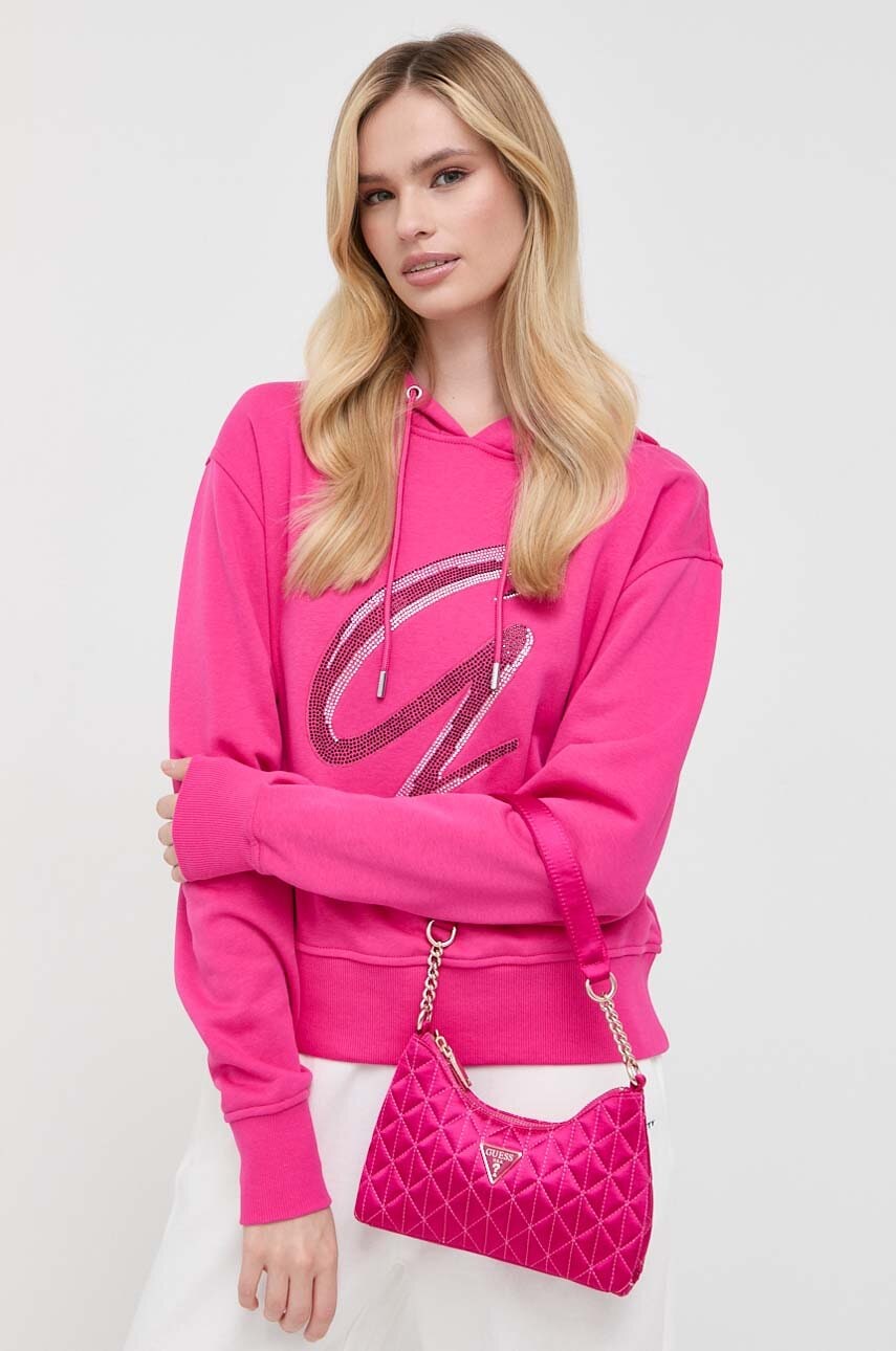 

Кофта Guess женская цвет розовый с капюшоном с аппликацией
