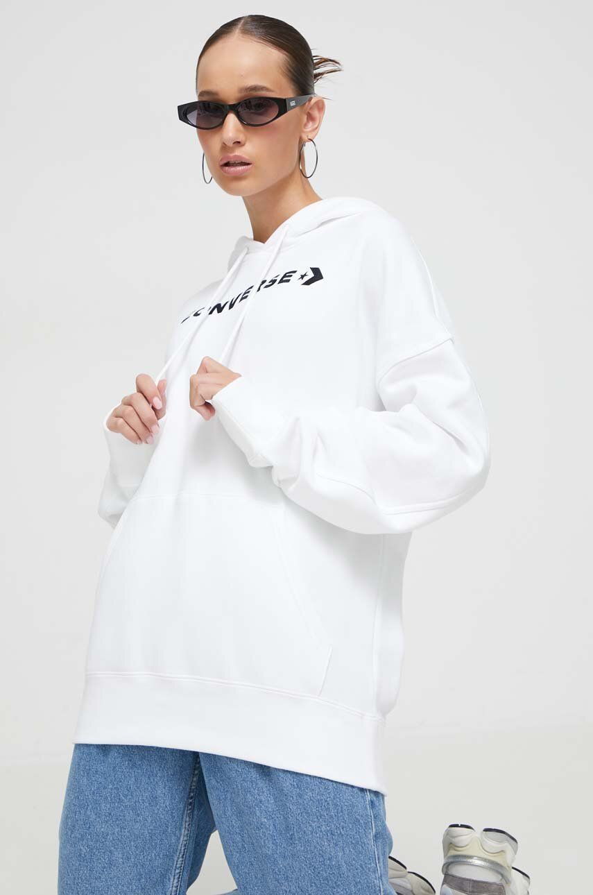 Mikina Converse dámská, bílá barva, s kapucí, s aplikací - bílá - Hlavní materiál: 80 % Bavlna
