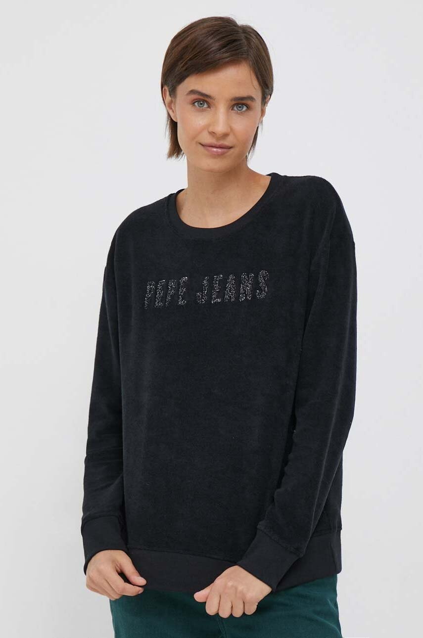 Pepe Jeans bluza femei, culoarea negru, cu imprimeu