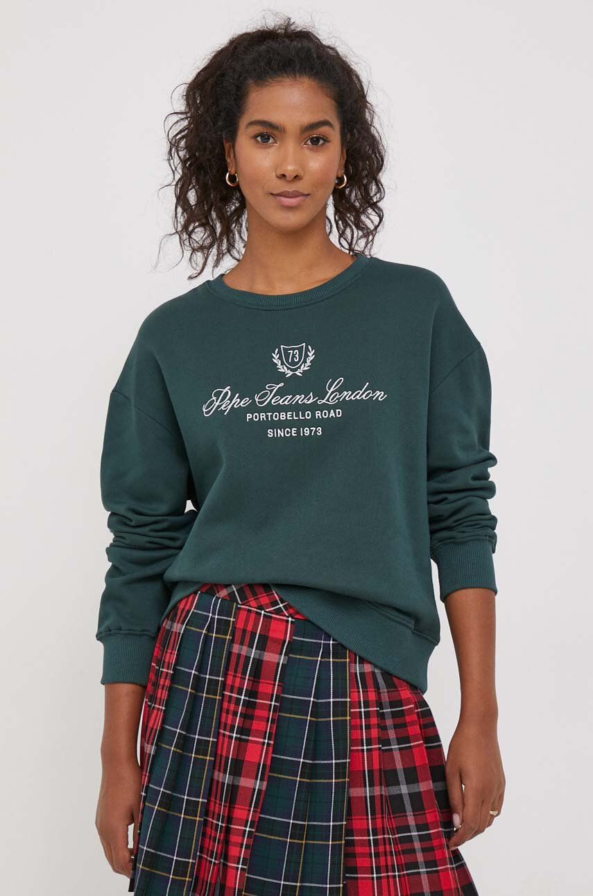 Pepe Jeans hanorac de bumbac femei, culoarea verde, cu imprimeu