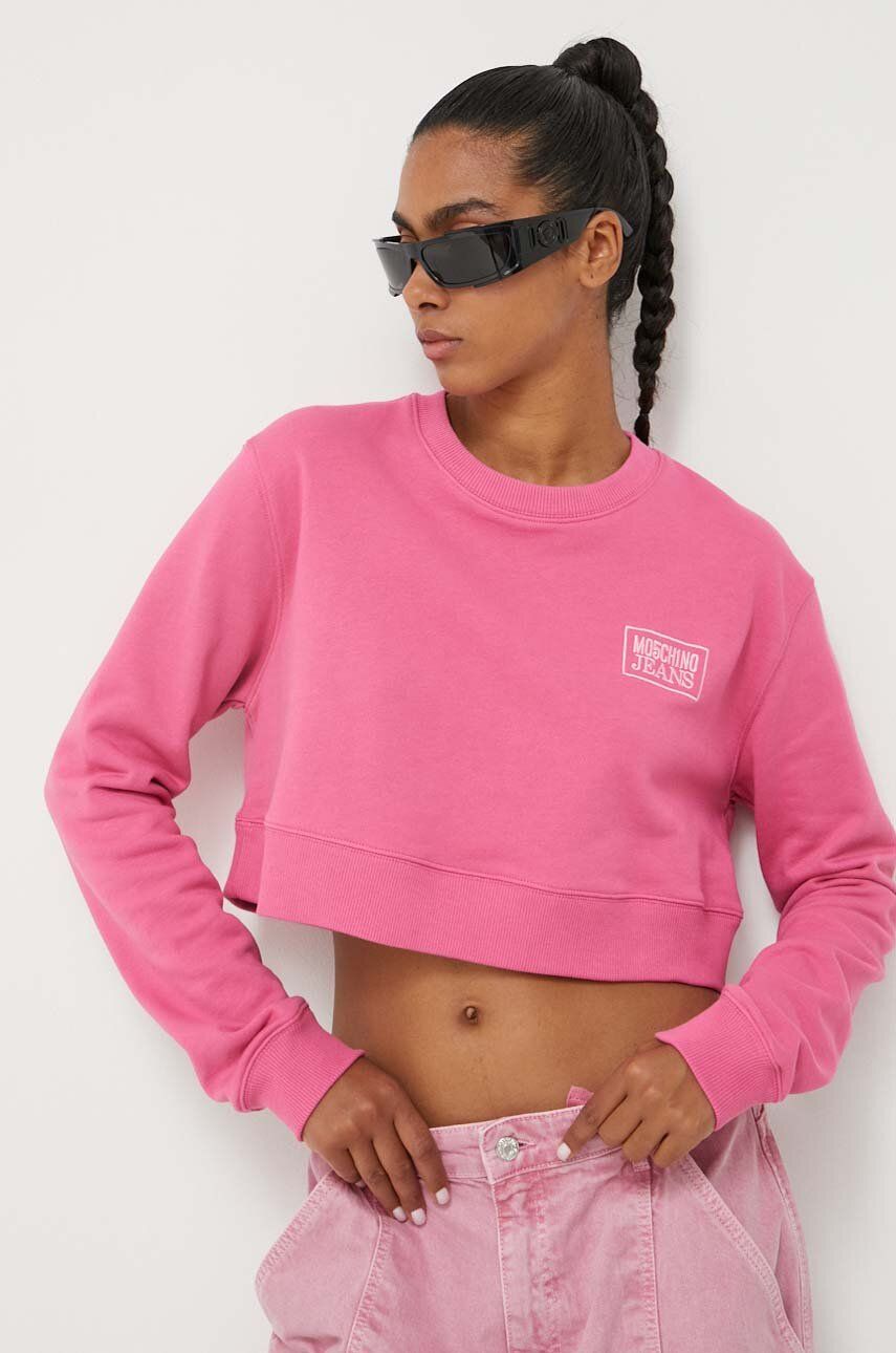 E-shop Bavlněná mikina Moschino Jeans dámská, růžová barva, s aplikací