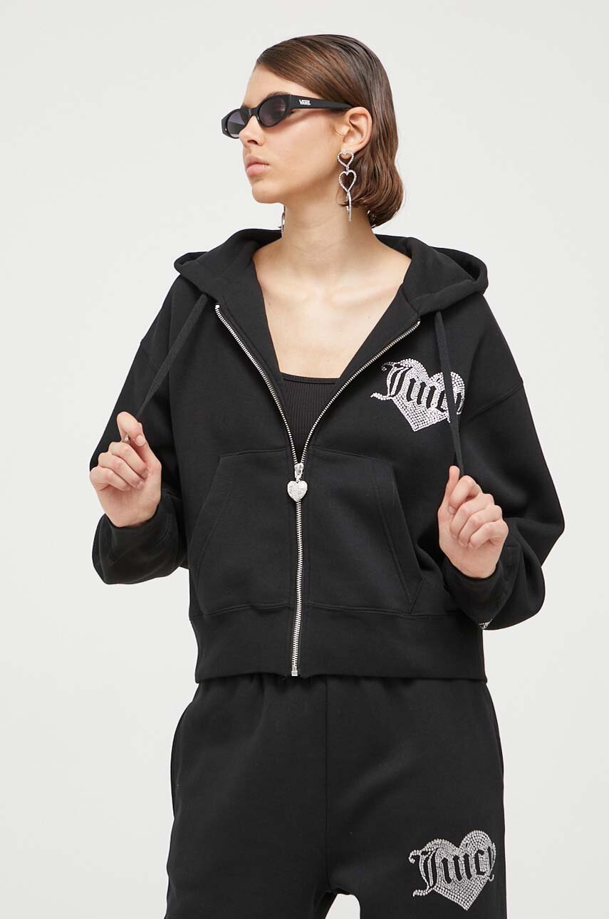 Juicy Couture bluza femei, culoarea negru, cu glugă, cu imprimeu