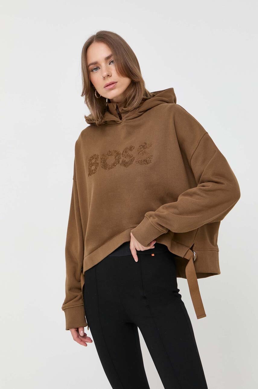 

Хлопковая кофта Boss Orange BOSS ORANGE женская цвет коричневый с капюшоном с аппликацией