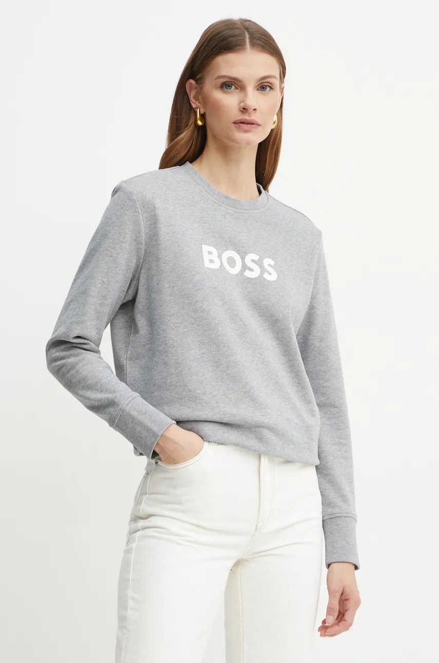 Boss Orange hanorac de bumbac BOSS ORANGE femei, culoarea gri, cu imprimeu Boss Orange hanorac de bumbac BOSS ORANGE femei, culoarea gri, cu imprimeu