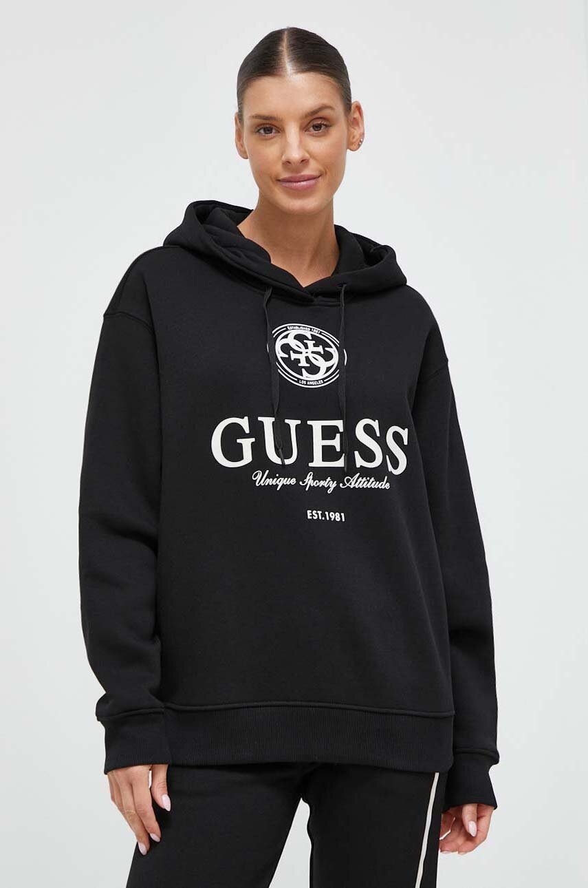 

Кофта Guess жіноча колір чорний з капюшоном з принтом