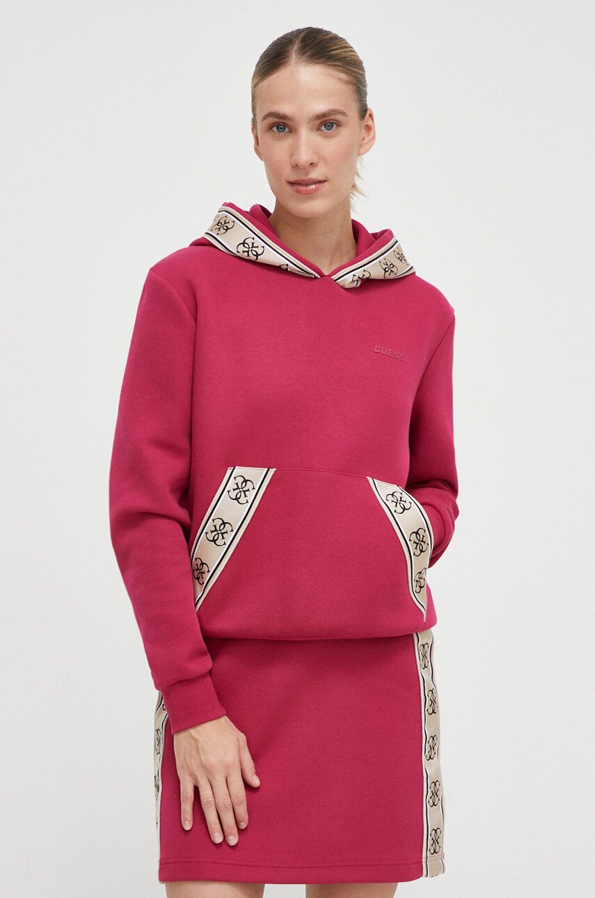 Mikina Guess dámská, růžová barva, s kapucí, s potiskem - růžová - 51 % Bavlna