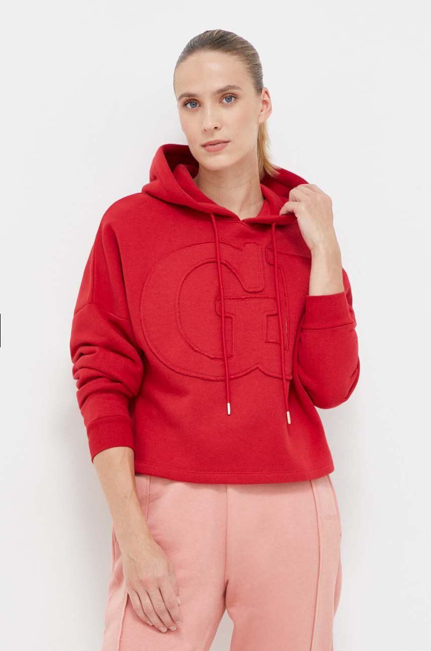 Mikina Guess dámská, červená barva, s kapucí, s aplikací - červená - 80 % Bavlna