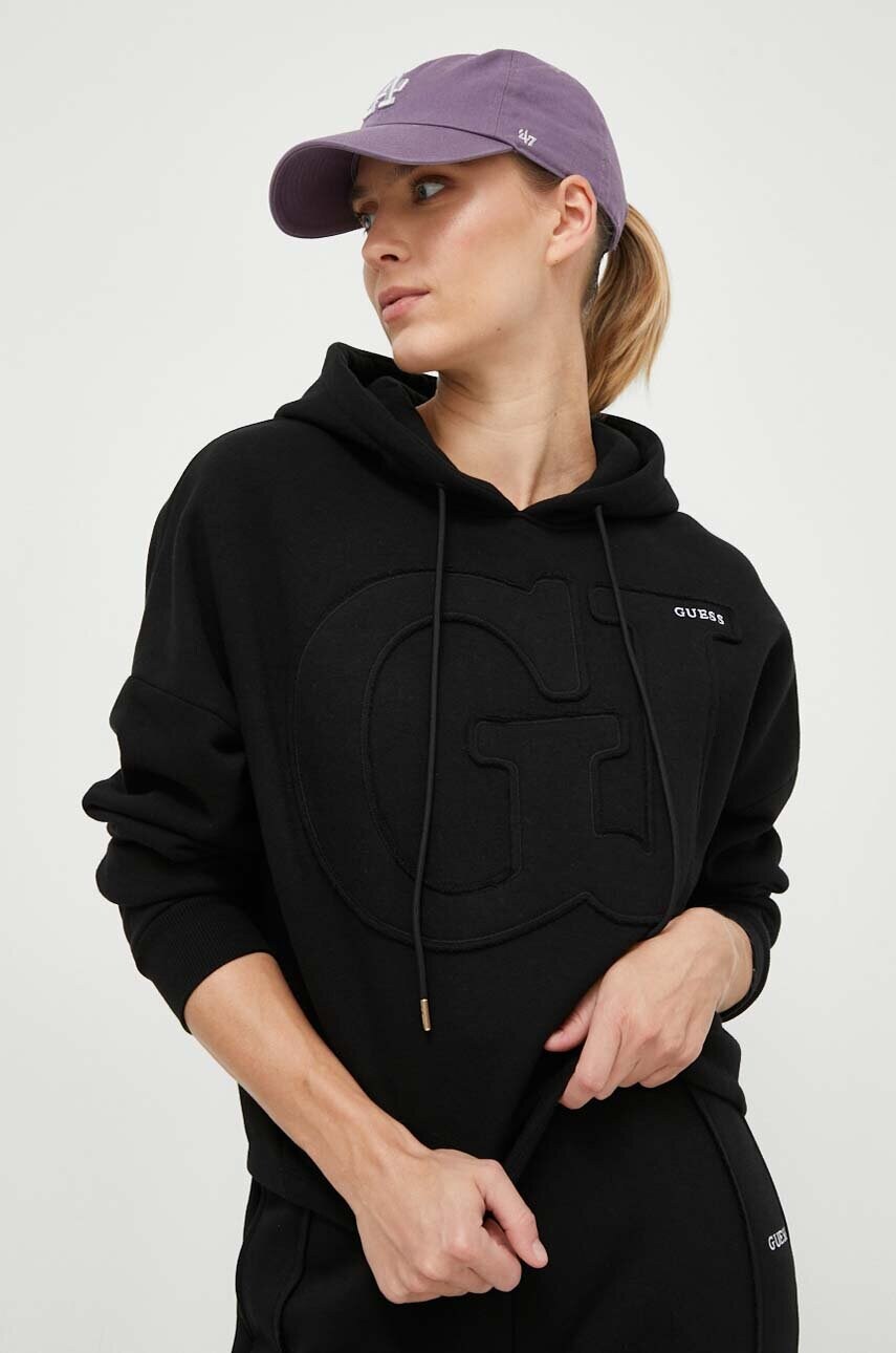 

Кофта Guess жіноча колір чорний з капюшоном з аплікацією