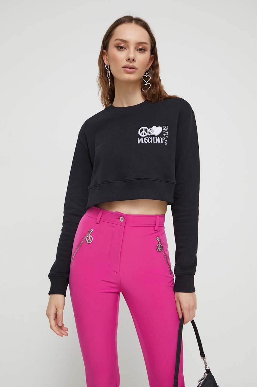 Moschino Jeans Hanorac De Bumbac Femei, Culoarea Negru, Cu Imprimeu