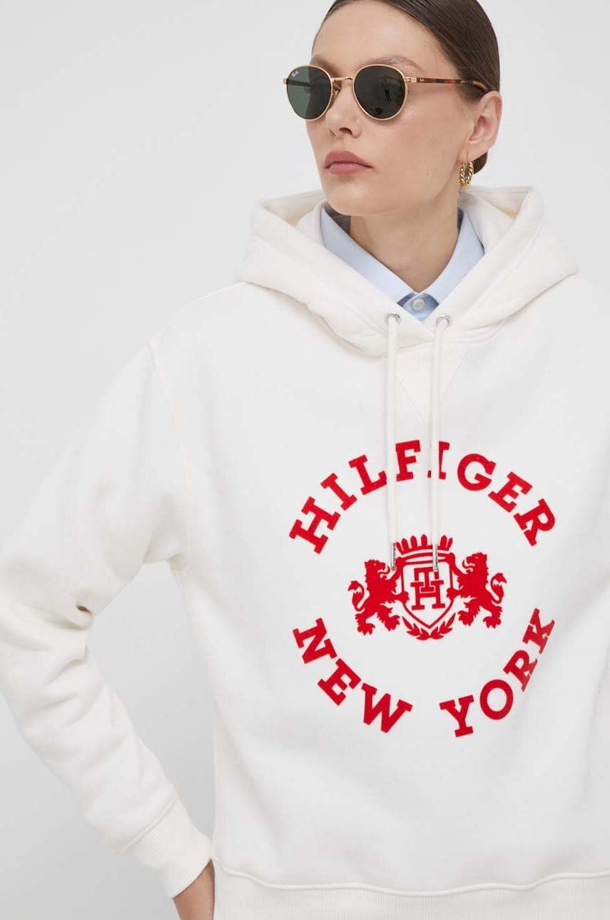 E-shop Mikina Tommy Hilfiger dámská, béžová barva, s kapucí, s potiskem