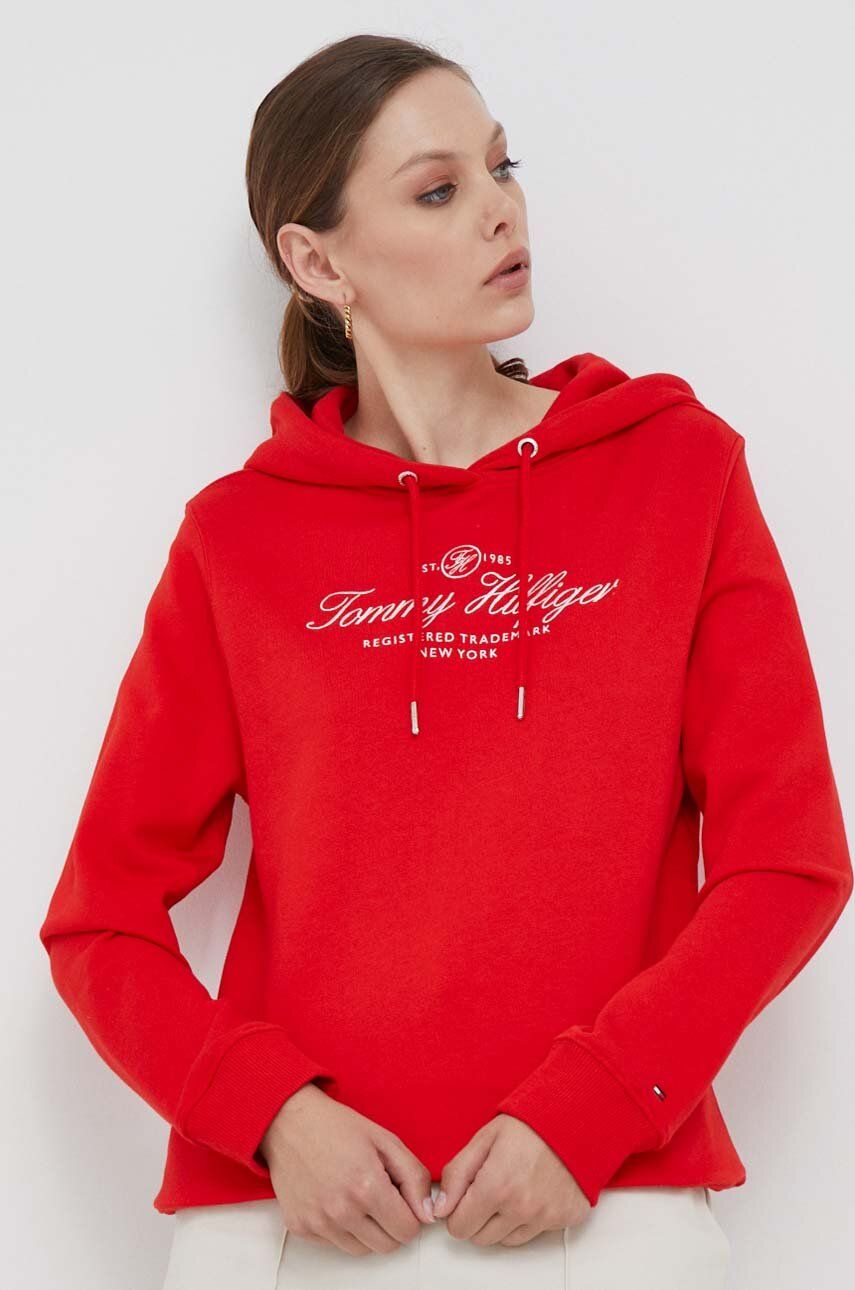 E-shop Bavlněná mikina Tommy Hilfiger dámská, červená barva, s kapucí, s aplikací