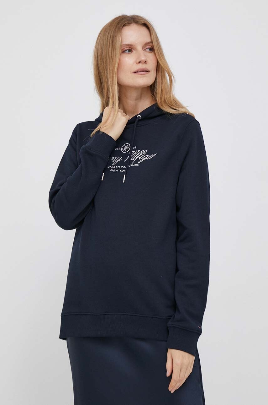 

Памучен суичър Tommy Hilfiger в тъмносиньо с качулка с апликация, Тъмносин