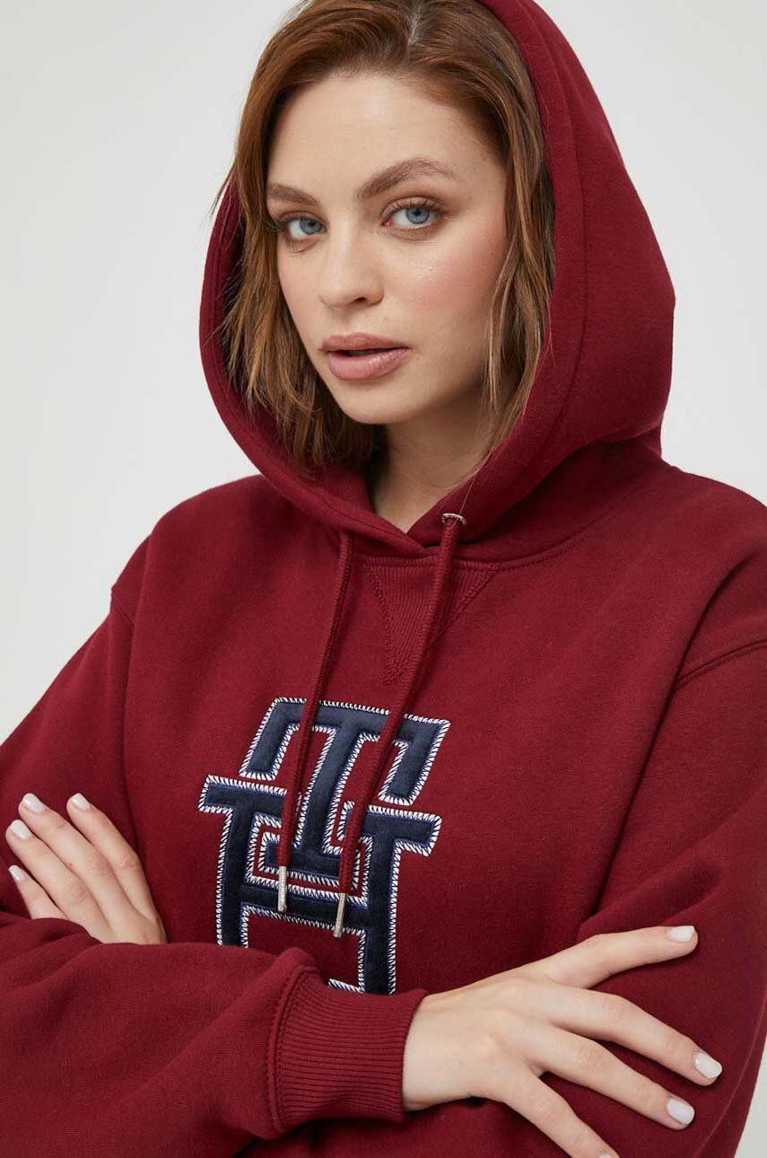 Dukserica Tommy Hilfiger za žene, boja: bordo, s kapuljačom, s aplikacijom