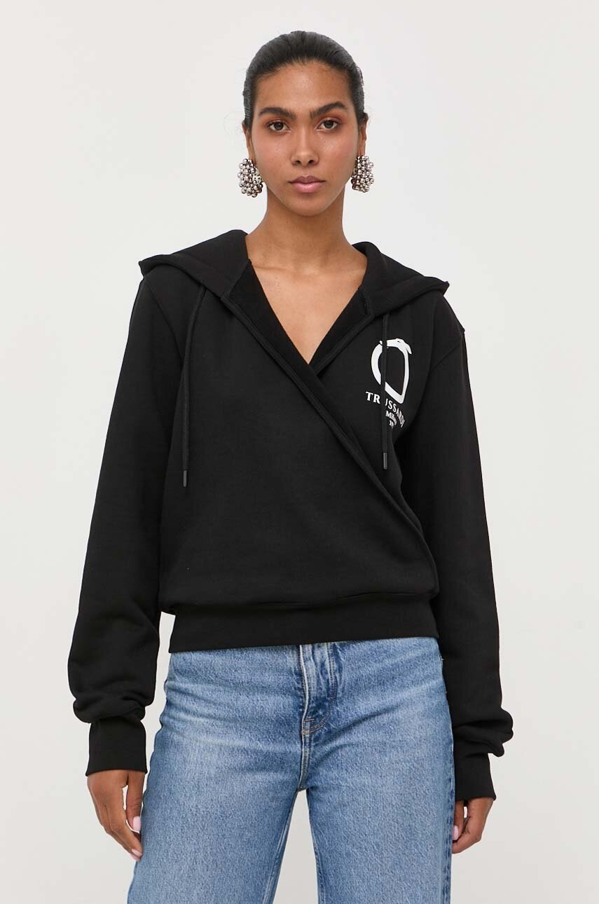 

Хлопковая кофта Trussardi женская цвет чёрный с капюшоном с принтом