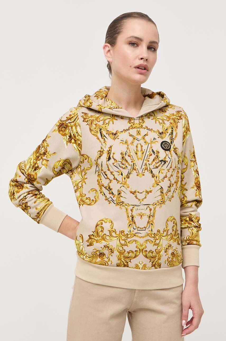 Mikina PLEIN SPORT dámská, béžová barva, s kapucí, vzorovaná - béžová -  88 % Bavlna