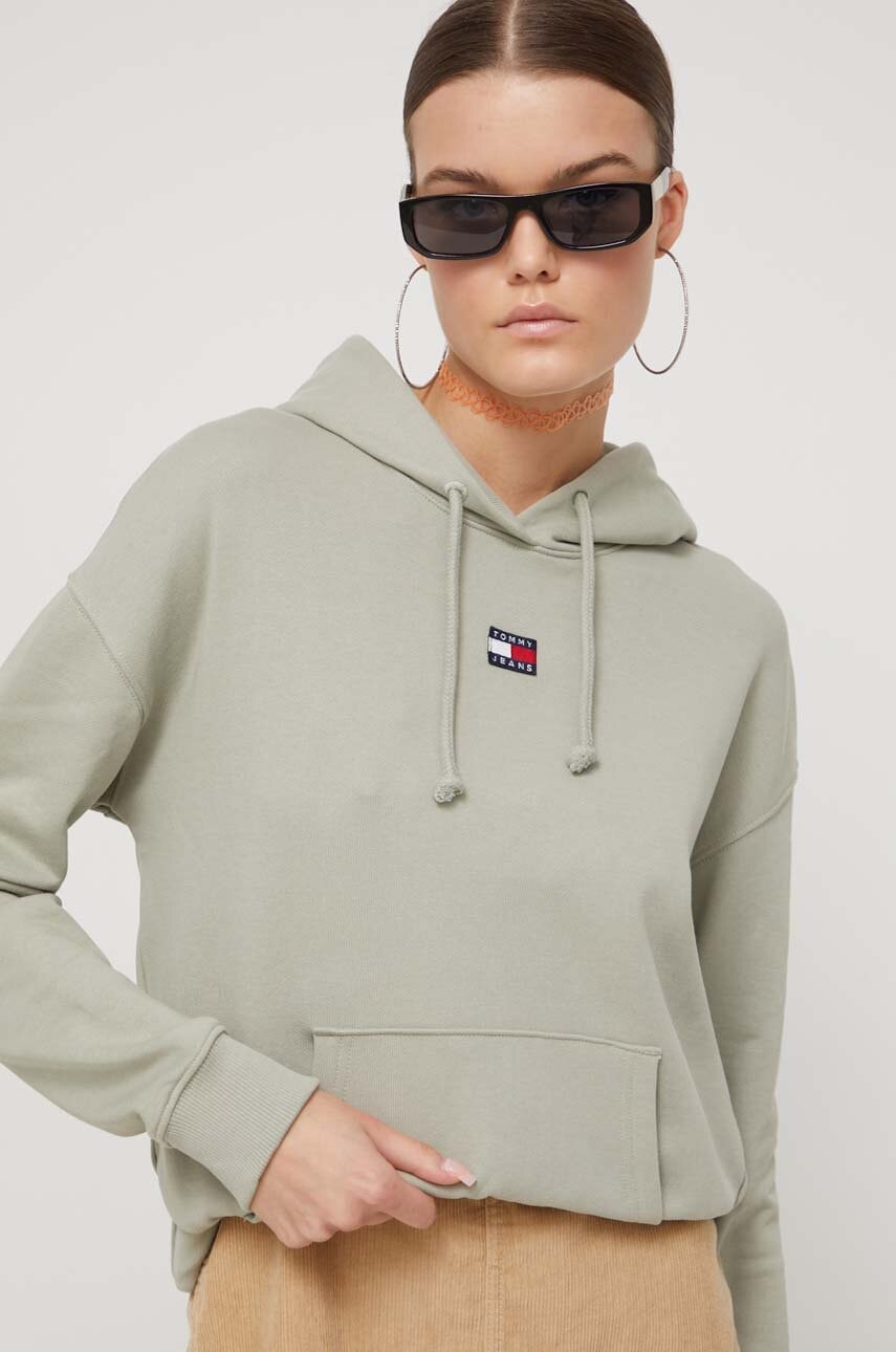 Tommy Jeans hanorac de bumbac femei, culoarea verde, cu glugă, neted