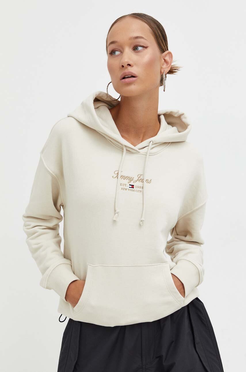 

Кофта Tommy Jeans женская цвет бежевый с капюшоном с принтом