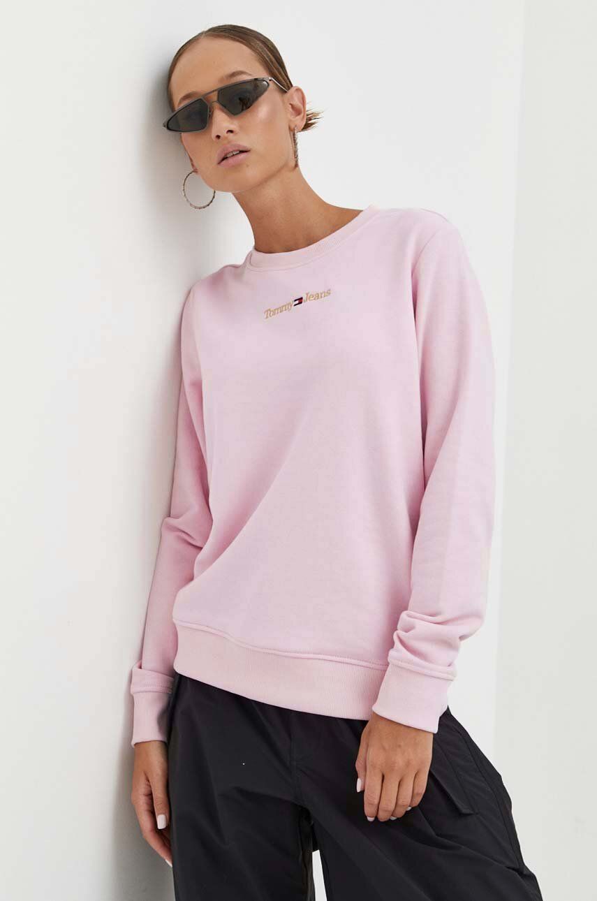 Mikina Tommy Jeans dámská, růžová barva, s aplikací - růžová - Hlavní materiál: 60 % Bavlna