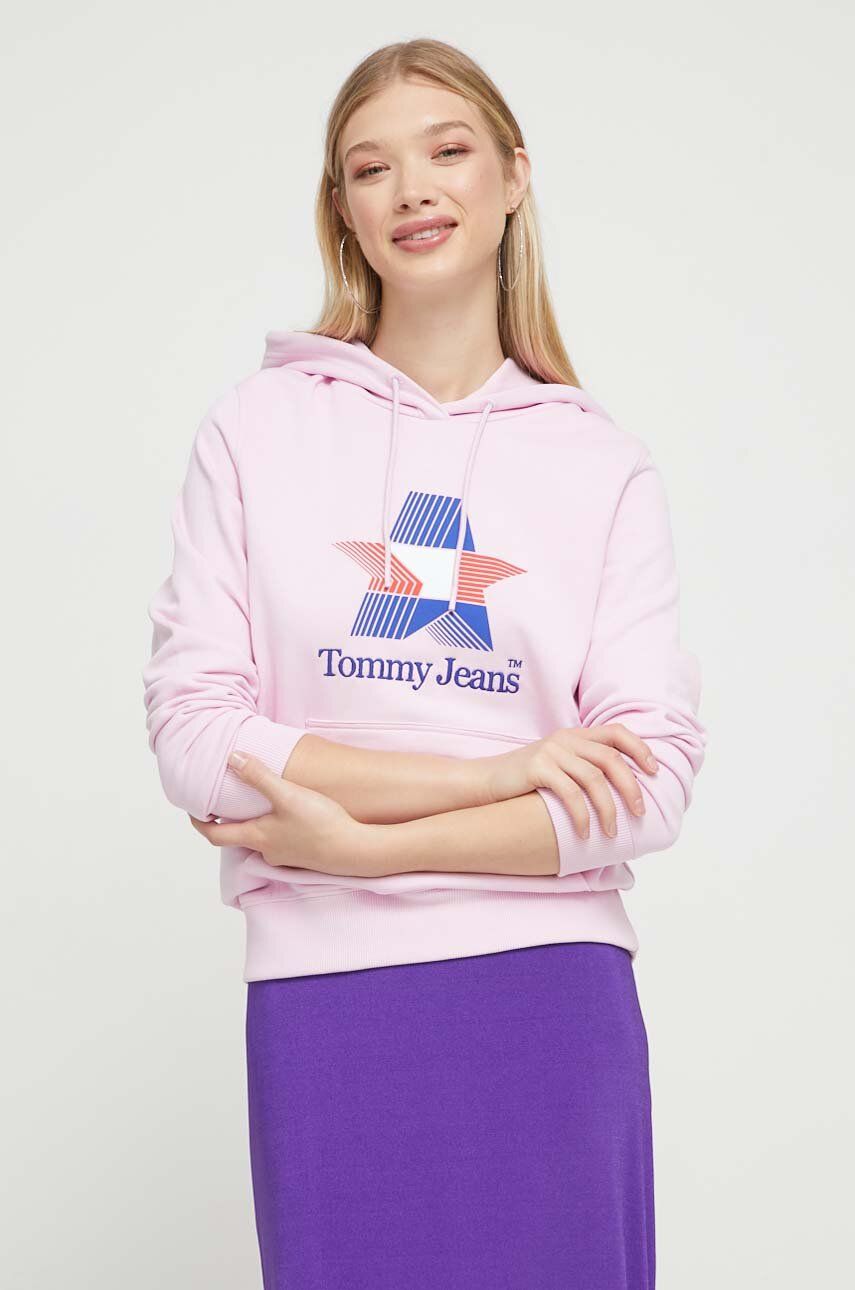 Bavlněná mikina Tommy Jeans dámská, růžová barva, s kapucí, s potiskem