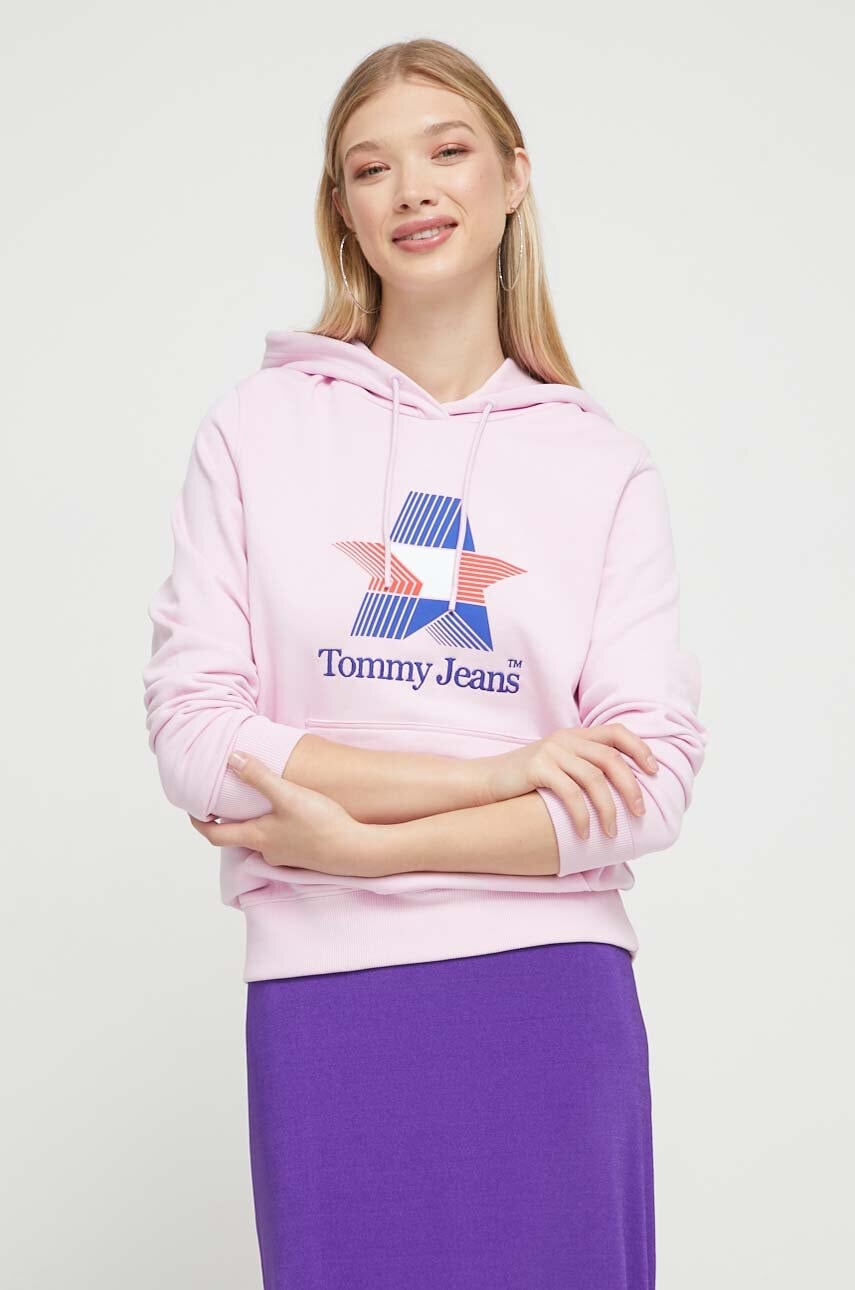 Tommy Jeans Hanorac De Bumbac Femei, Culoarea Roz, Cu Gluga, Cu Imprimeu