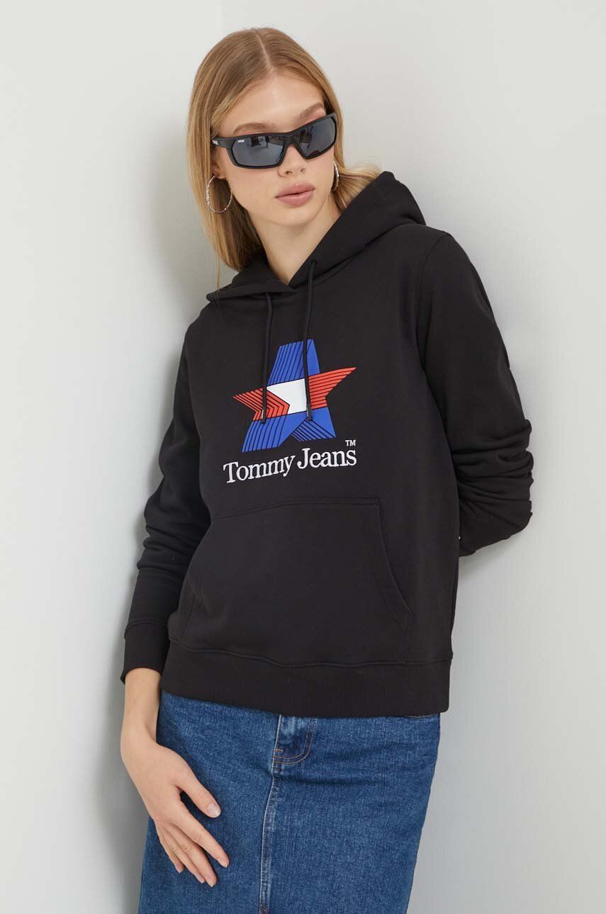 Levně Bavlněná mikina Tommy Jeans dámská, černá barva, s kapucí, s potiskem