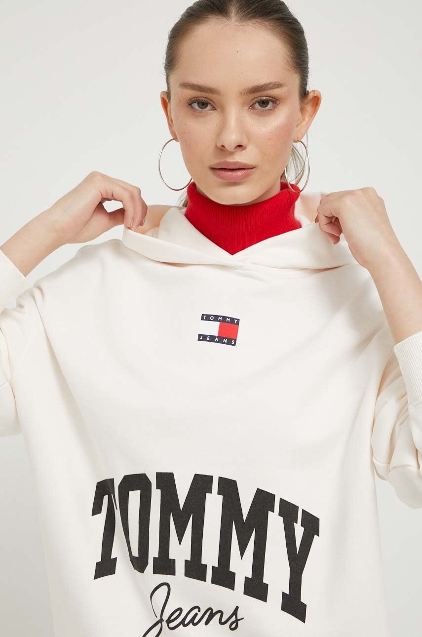 Bavlněná mikina Tommy Jeans dámská, béžová barva, s kapucí, s potiskem - béžová -  Hlavní mater