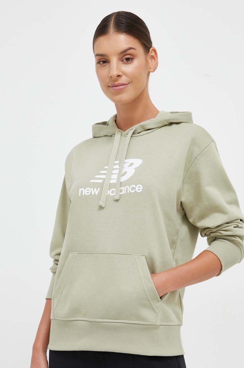 New Balance bluza femei, culoarea verde, cu glugă, cu imprimeu