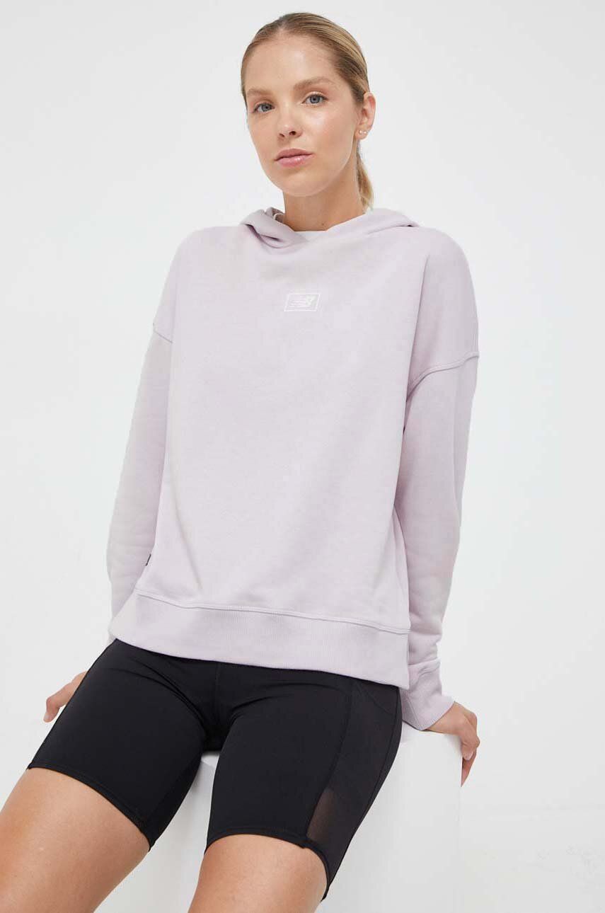 New Balance Bluza Femei, Culoarea Roz, Cu Gluga, Cu Imprimeu