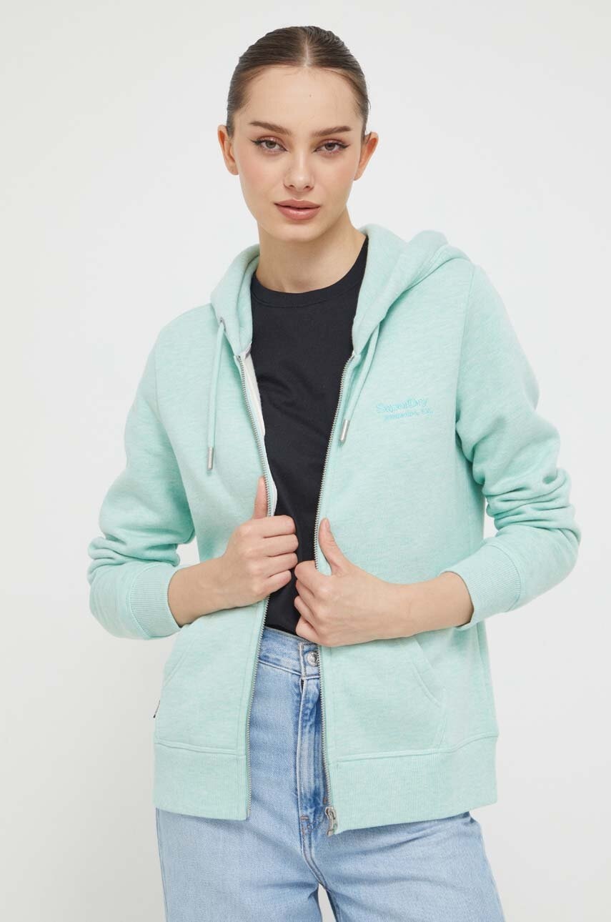 Superdry bluza femei, culoarea verde, cu glugă, neted