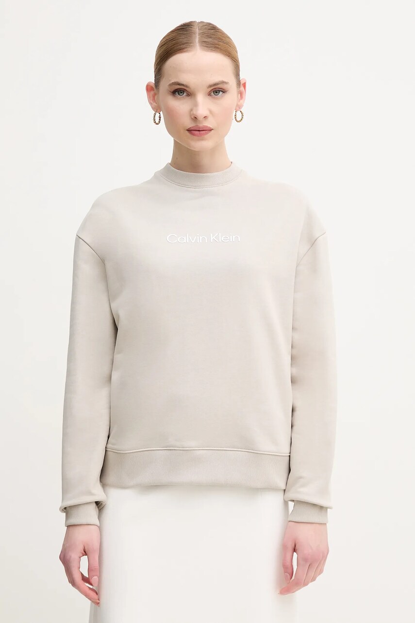 Levně Bavlněná mikina Calvin Klein dámská, béžová barva, s potiskem, K20K205450