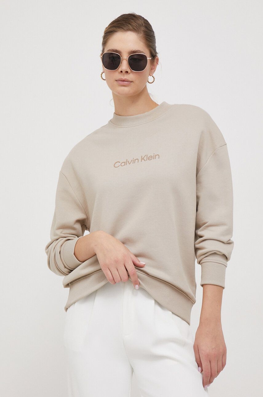 Levně Bavlněná mikina Calvin Klein dámská, béžová barva, s potiskem, K20K205450