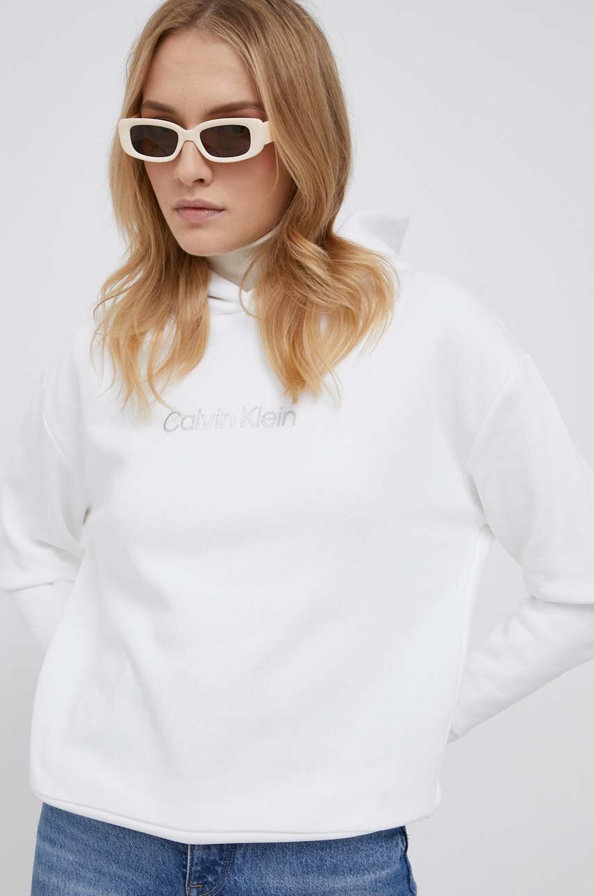 Mikina Calvin Klein dámská, bílá barva, s kapucí, s potiskem