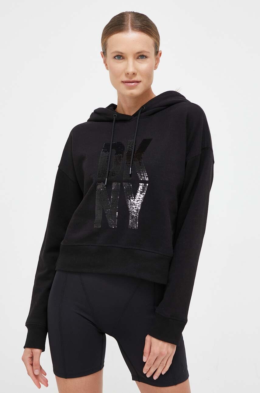 

Кофта Dkny женская цвет чёрный с капюшоном с аппликацией