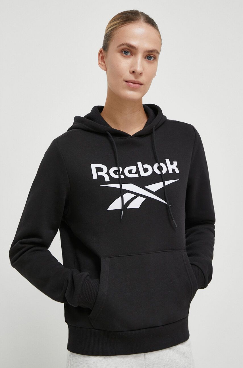 E-shop Mikina Reebok dámská, černá barva, s kapucí, s potiskem