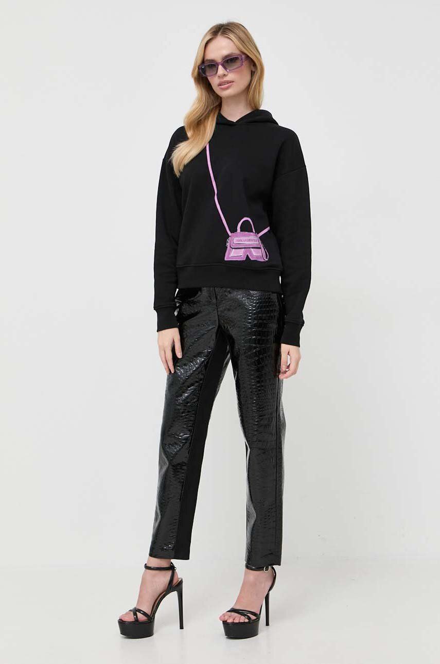 Mikina Karl Lagerfeld dámská, černá barva, s kapucí, s potiskem - černá - 90 % Organická bavlna