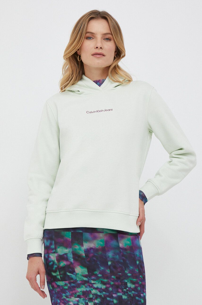 E-shop Mikina Calvin Klein Jeans dámská, zelená barva, s kapucí, s aplikací