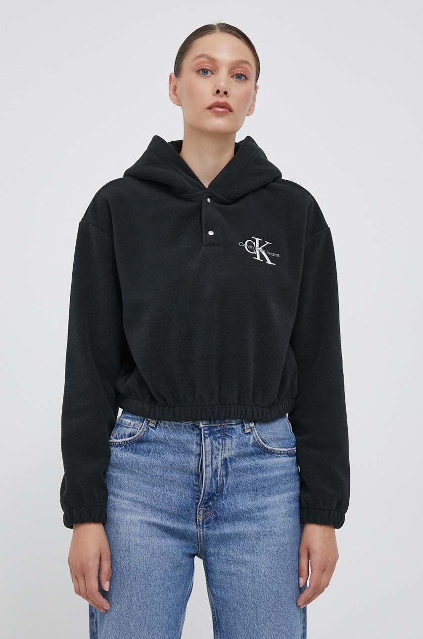 Levně Mikina Calvin Klein Jeans dámská, černá barva, s kapucí, s aplikací